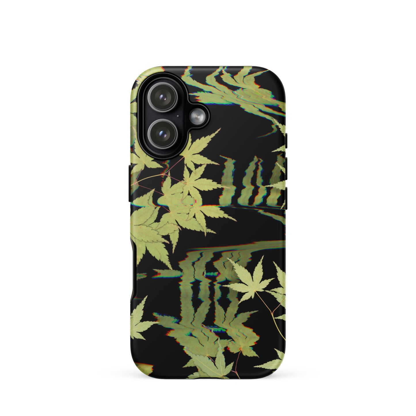 Pressed maple leaf iphone 17 matte case by Old Leaf Designs featuring digital glitch botanical artwork on a black background