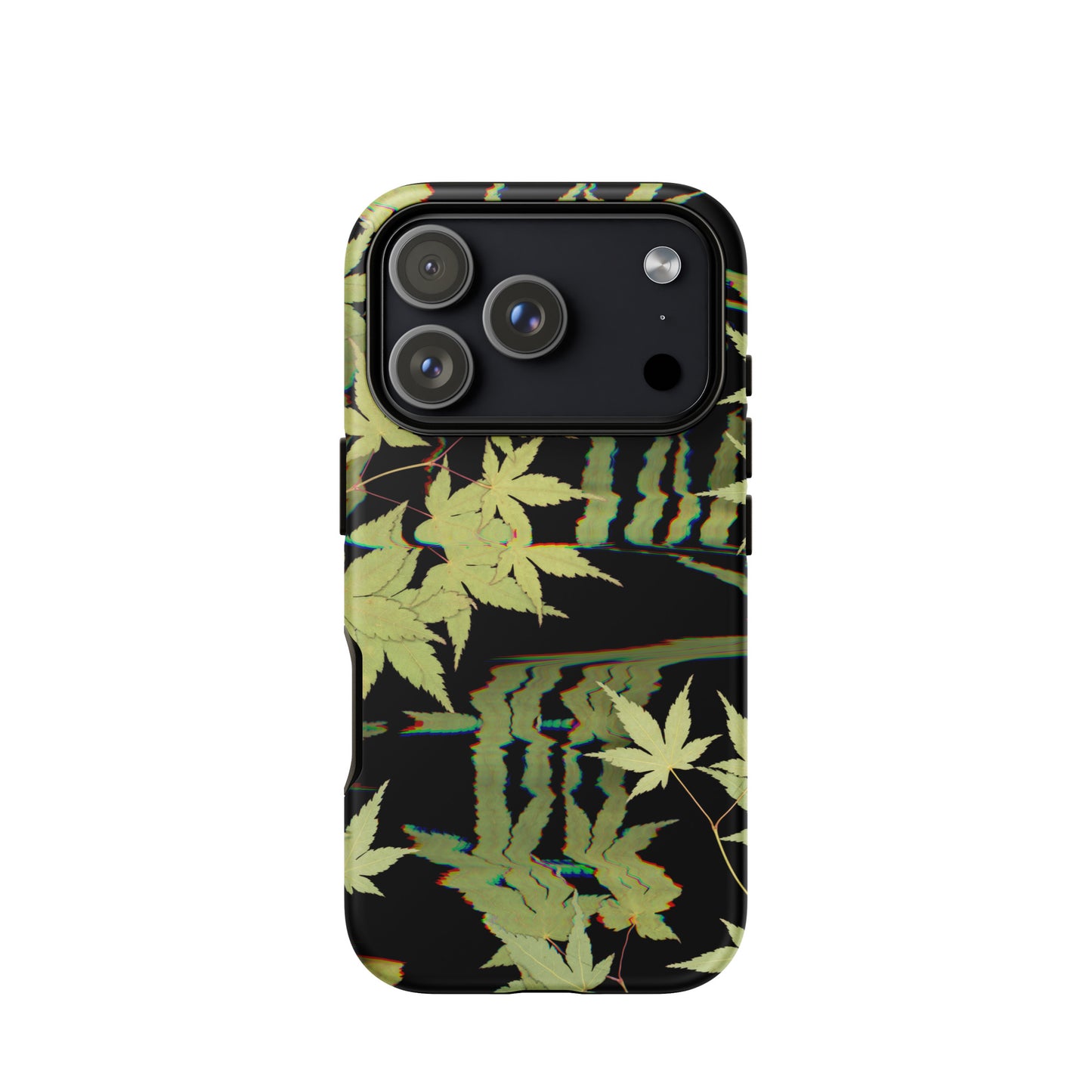 Pressed maple leaf iphone 17 pro matte case by Old Leaf Designs featuring digital glitch botanical artwork on a black background
