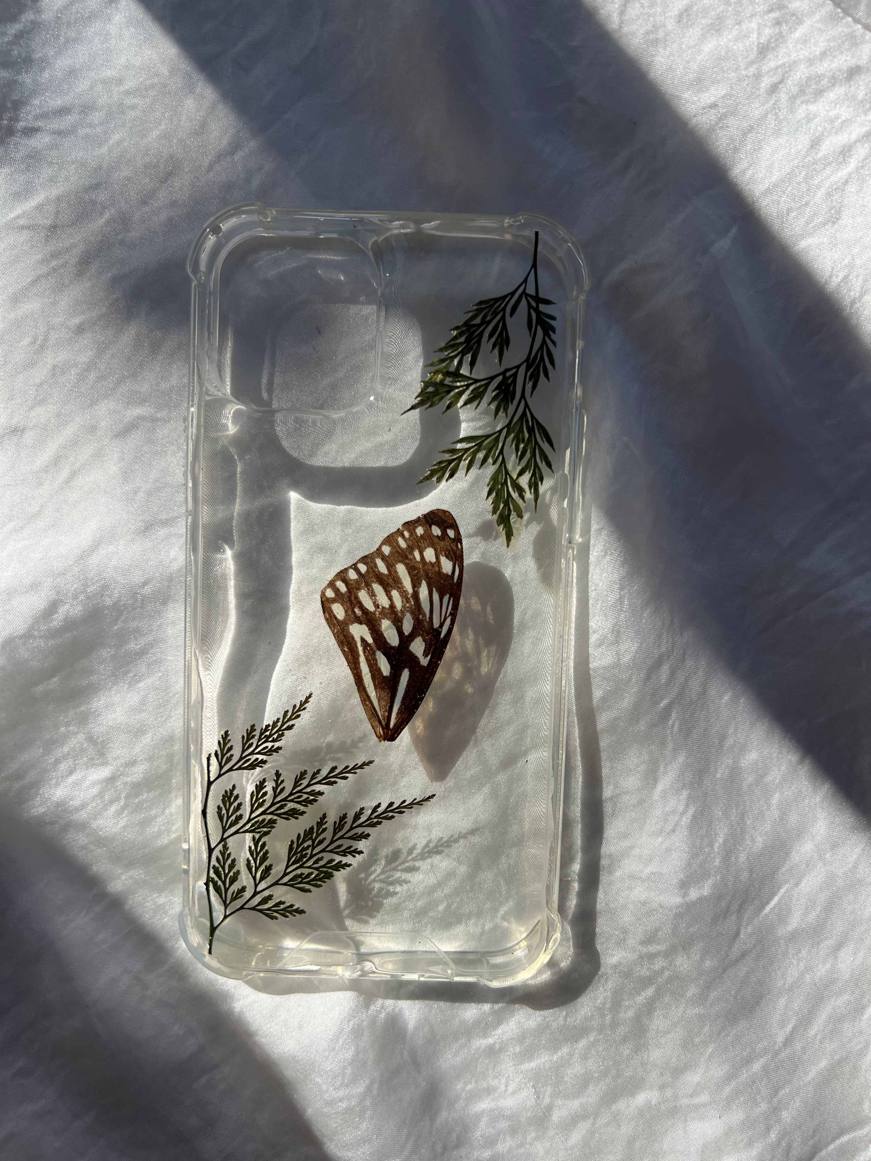 pressed flower phone case, botanical phone case, pressed flower art, handmade phone case, iphone 12 case, iphone 12 pro case, real butterfly wing, preserved butterfly wing, preserved ferns, botanical preservation, real pressed flower iphone 12 phone case, australian made, handmade